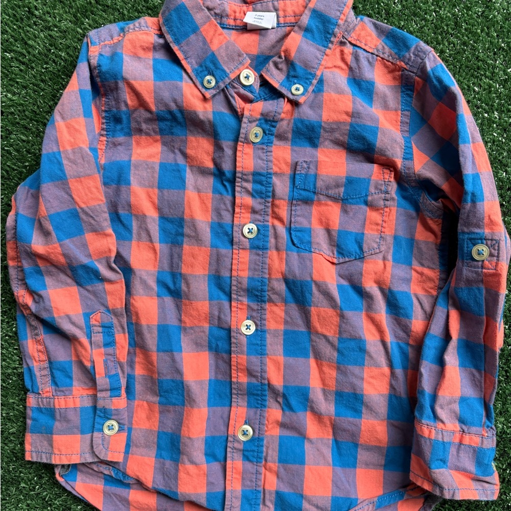 GAP Kids Blue and Orange Checkered Button Down Shirt